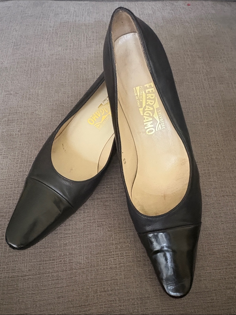 Vintage 90’s Salvatore Ferragamo Black Leather and Patent Cap-Toe Heel